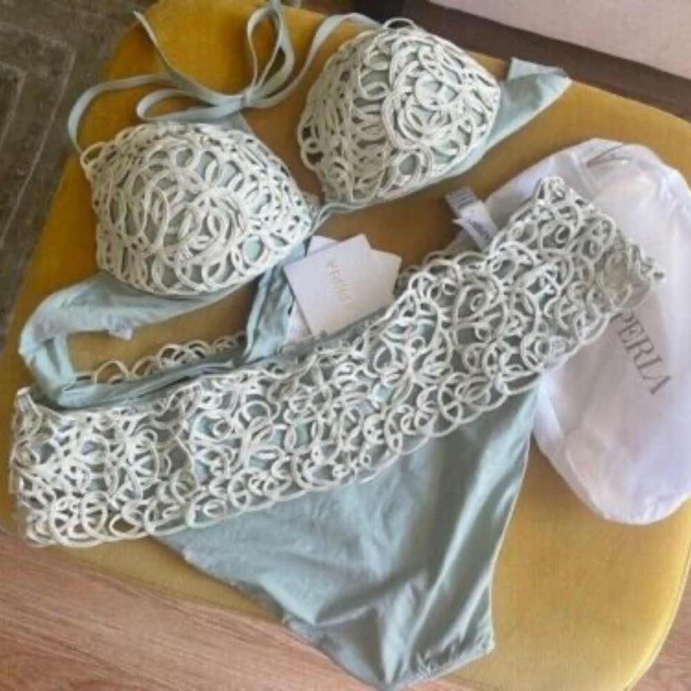 La Perla Macrame Swimsuit, Size L, Light Green(willow color),IT3(TOP), IT4Bottom